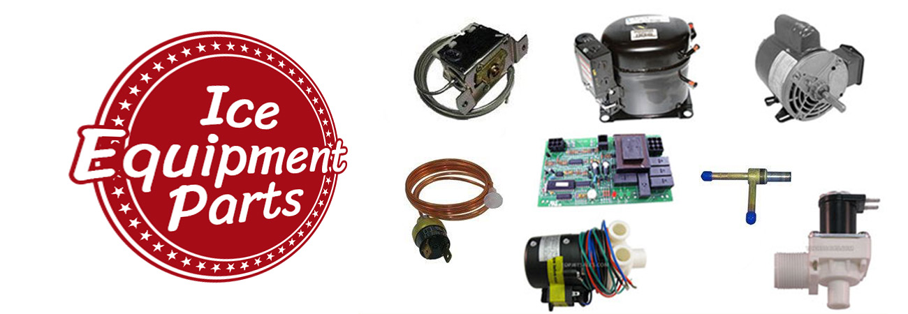 Ice equipment parts header image featuring photos of motors, circuit boards, and other ice machine parts.